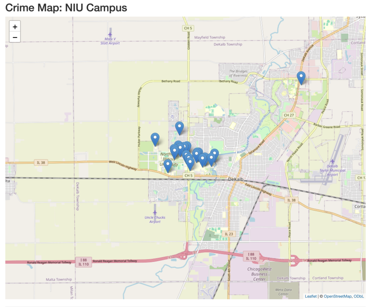 A map visualizes locations that crime occurred at NIU in December 2024. The Northern Star has created a crime map that will be updated every month. (Devin Oommen | Northern Star)